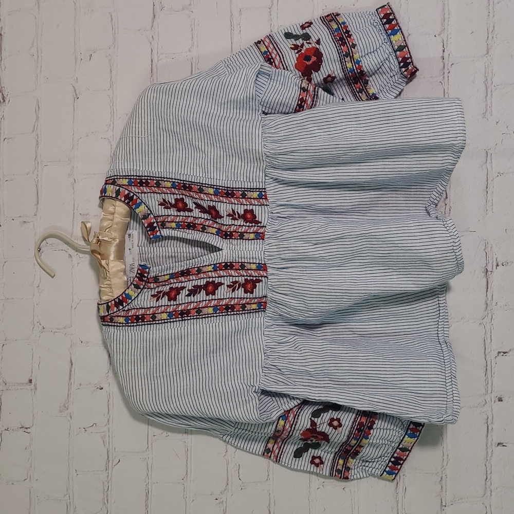 ZARA Kids Embroidered Peasant Blouse Stripes Bell Sleeve Girls Size 7 - Picture 2 of 15